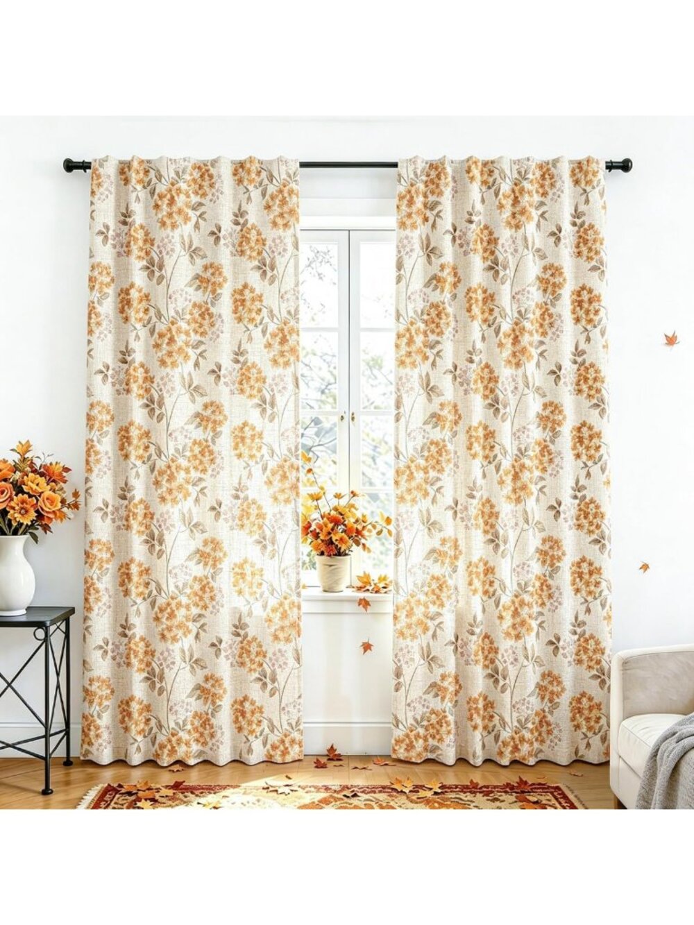 Vintage Floral Linen Curtains 96" Length, Light Filtering Rustic Drapes, 2